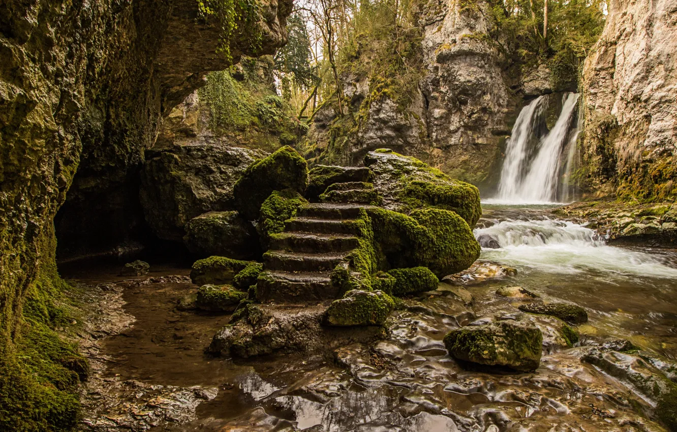 Photo wallpaper waterfall, Switzerland, The Canton Of Vaud, Tine de Conflens