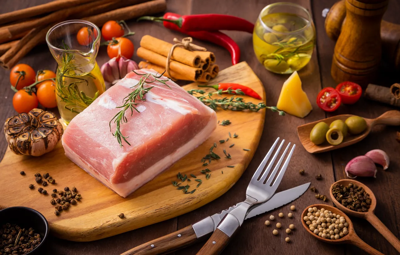 Photo wallpaper meat, tomatoes, olives, spices, garlic