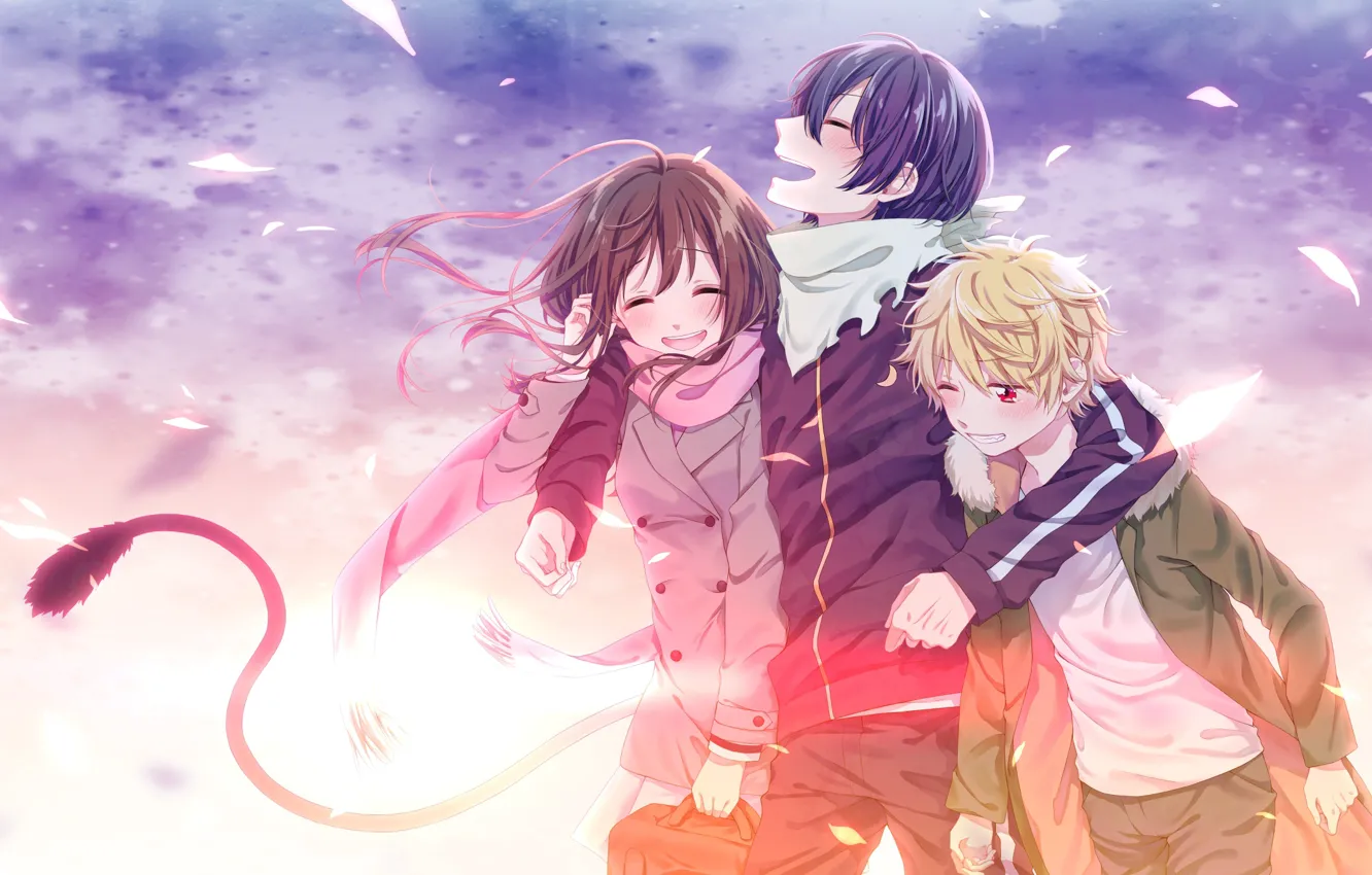 Photo wallpaper the sky, the wind, petals, scarf, jacket, tail, friends, three
