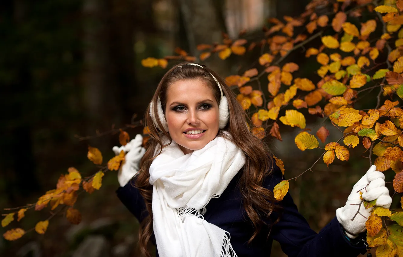 Photo wallpaper autumn, white, leaves, girl, trees, branches, nature, pose