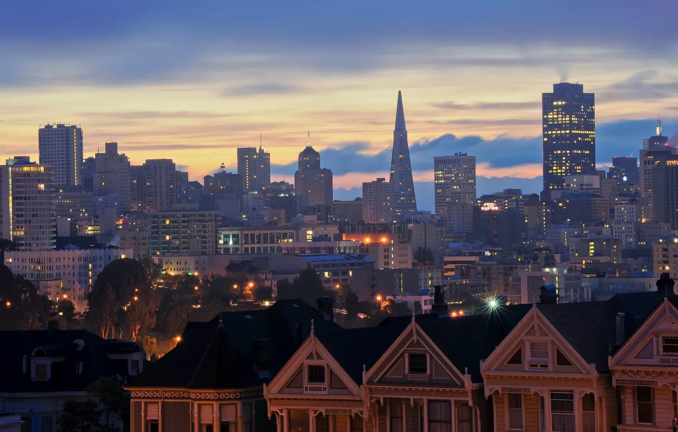 Photo wallpaper sunrise, CA, USA, California, morning, San Francisco, sunrise, Alamo Square