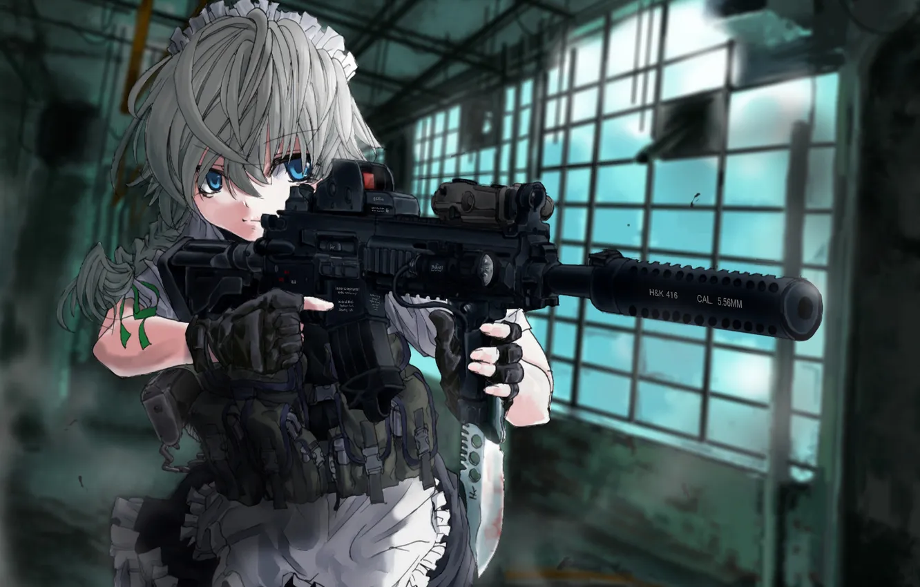 Photo wallpaper girl, weapons, anime, aiming