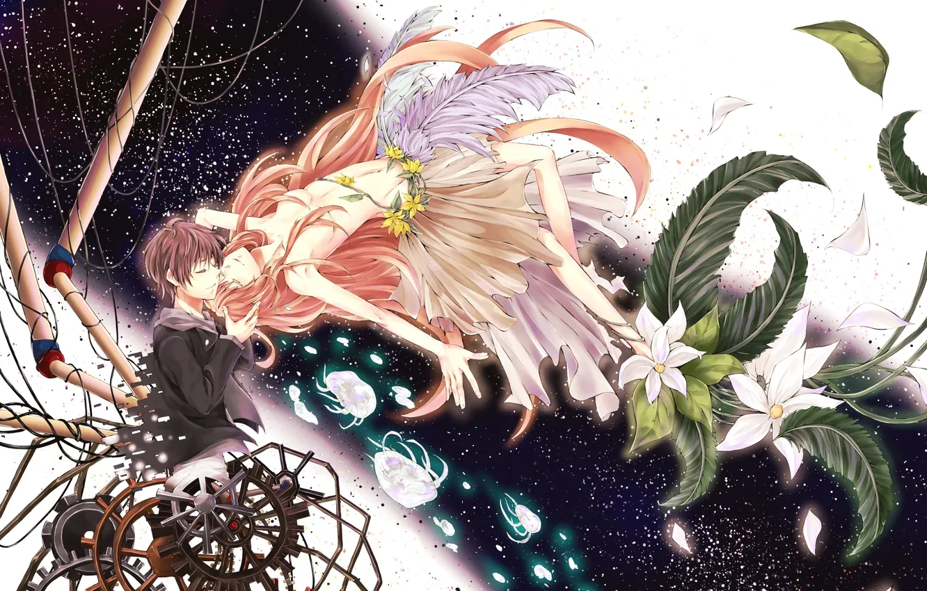 Photo wallpaper the sky, leaves, girl, space, stars, flowers, plant, mechanism