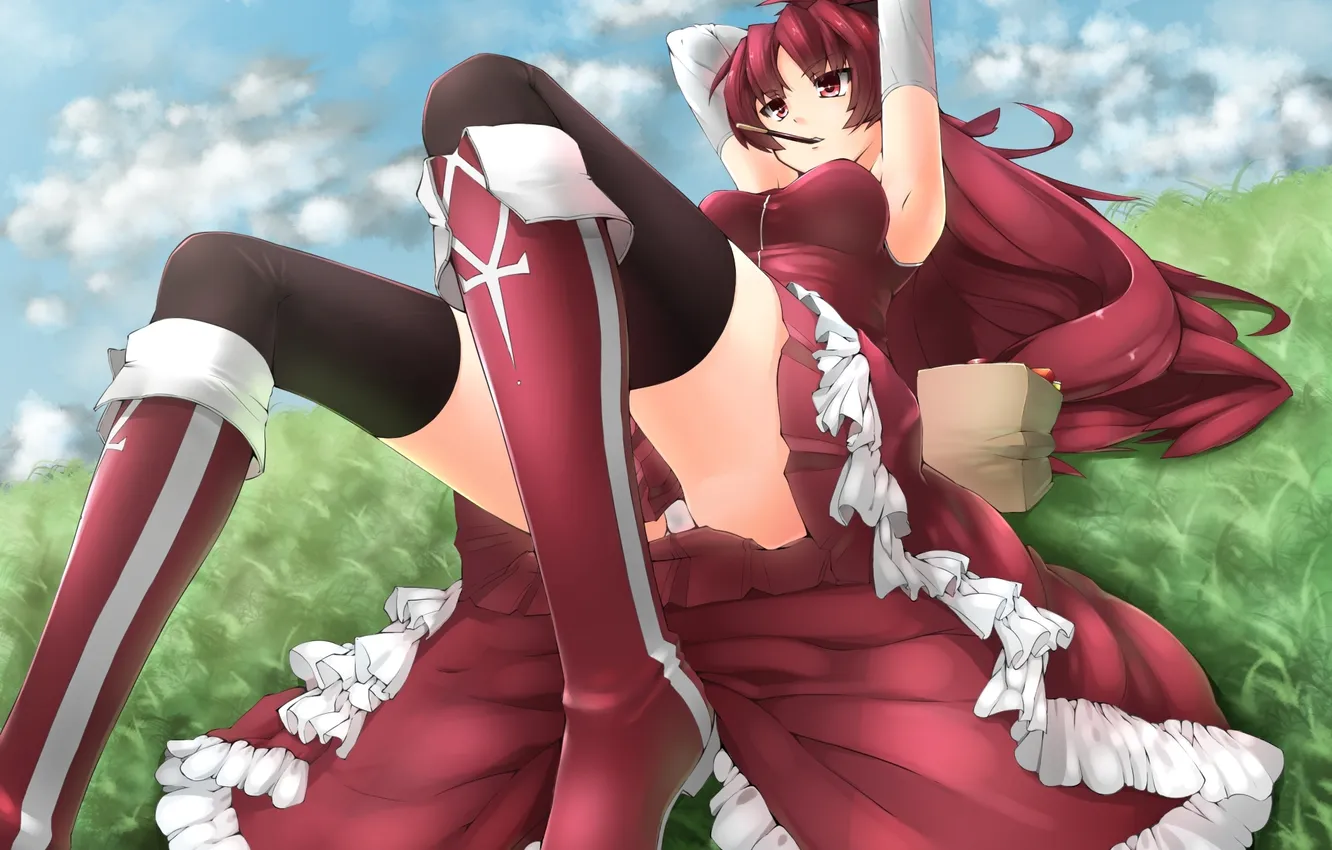 Photo wallpaper grass, girl, food, art, wand, lying, mahou shoujo madoka magica, sakura kyouko