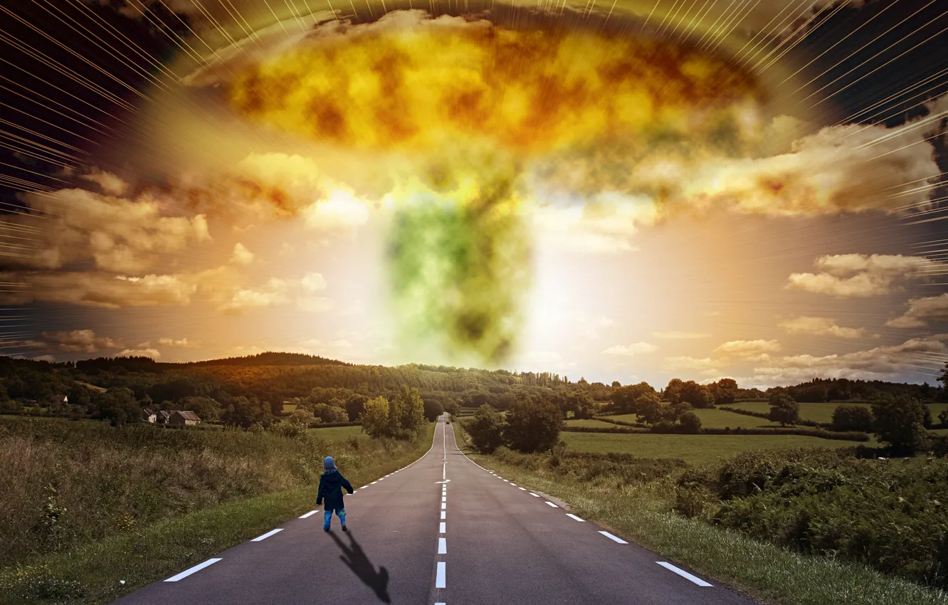 Photo wallpaper road, trees, the explosion, markup, Apocalypse, home, child