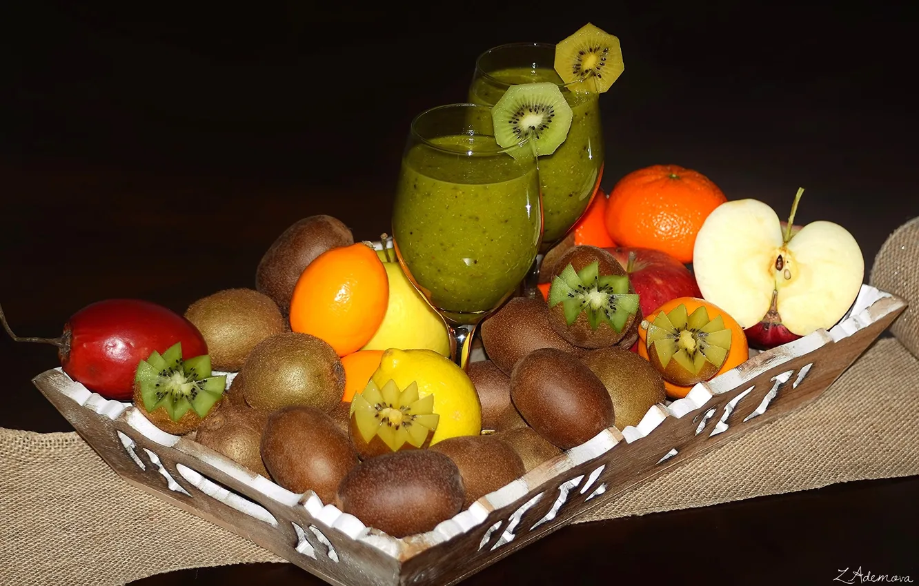 Photo wallpaper apples, orange, kiwi, juice, fruit, tray, passion fruit