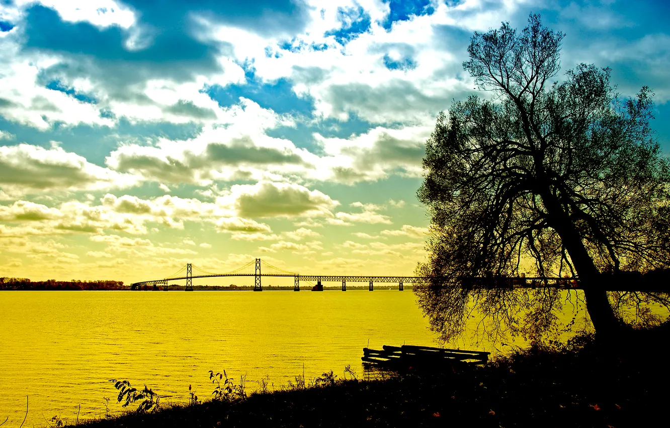 Photo wallpaper sea, autumn, the sky, leaves, clouds, trees, landscape, bridge