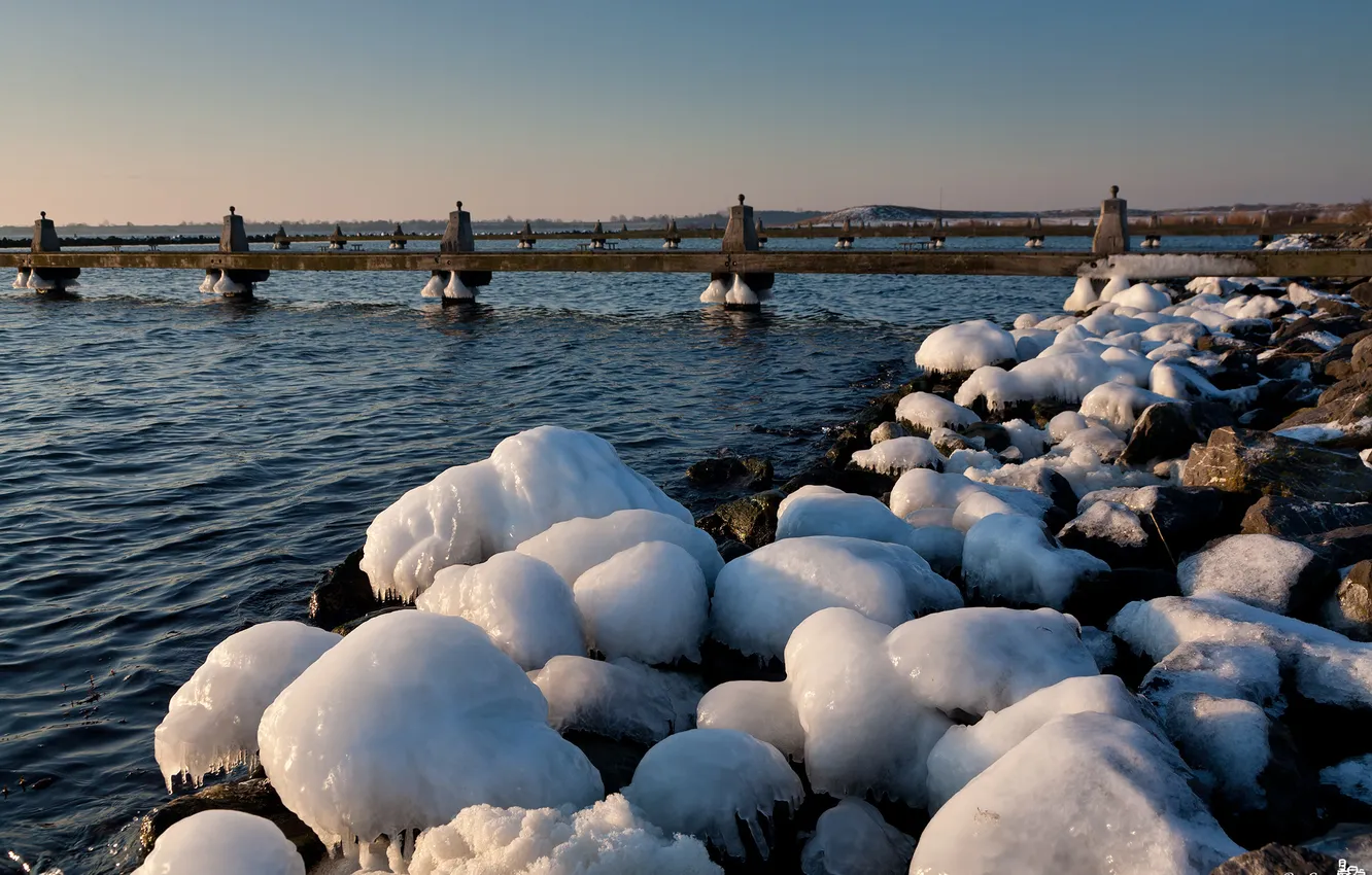 Photo wallpaper ice, winter, bridge, river