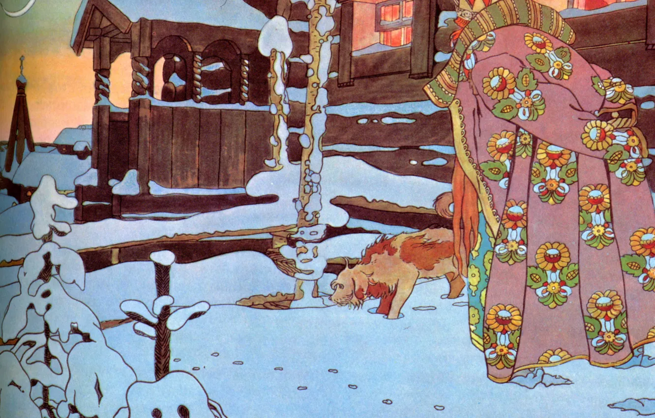 Photo wallpaper winter, snow, house, the moon, dog, Bilibin Ivan Yakovlevich (1876-1942), Tsar Saltan-1, A collection of …