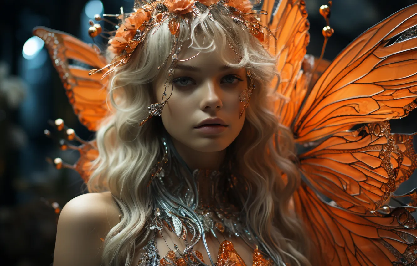Photo wallpaper look, girl, hair, wings, fairy, blonde, digital art, AI art