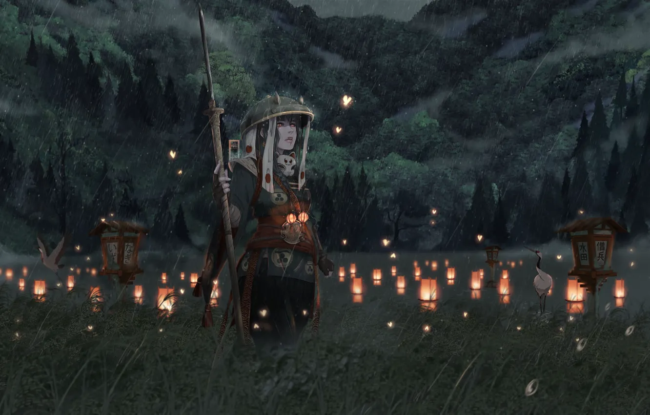 Photo wallpaper field, Japan, fantasy, rain, field, art, Heron, samurai