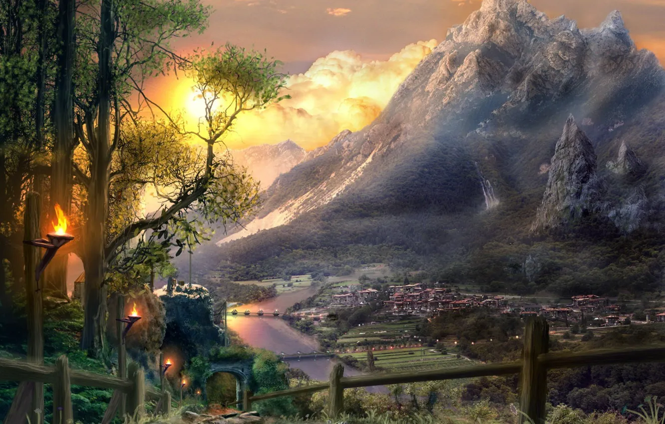 Photo wallpaper road, mountains, river, figure