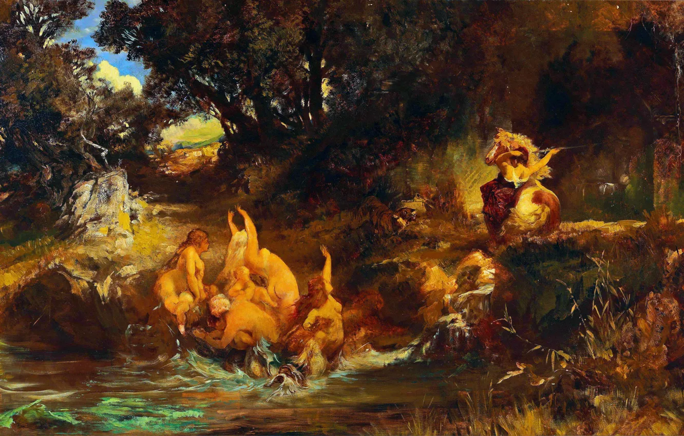 Photo wallpaper trees, tiger, mermaid, picture, Austrian artist, Hans Makart, Hans Makart, Mermaids and tiger