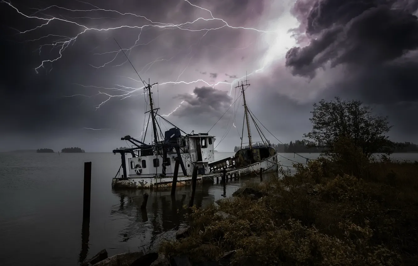 Photo wallpaper the storm, storm, shore, ship