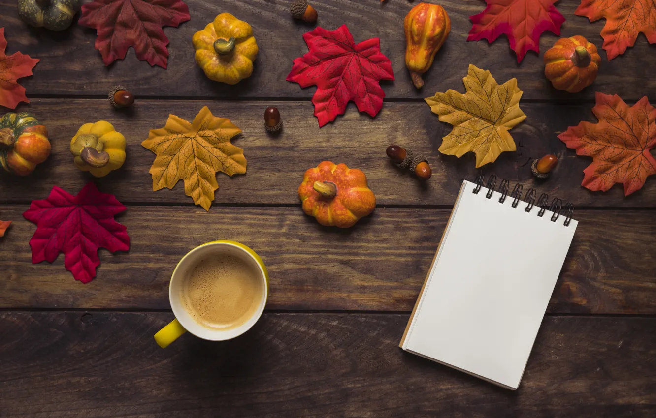 Photo wallpaper autumn, leaves, trees, background, Board, coffee, colorful, Cup