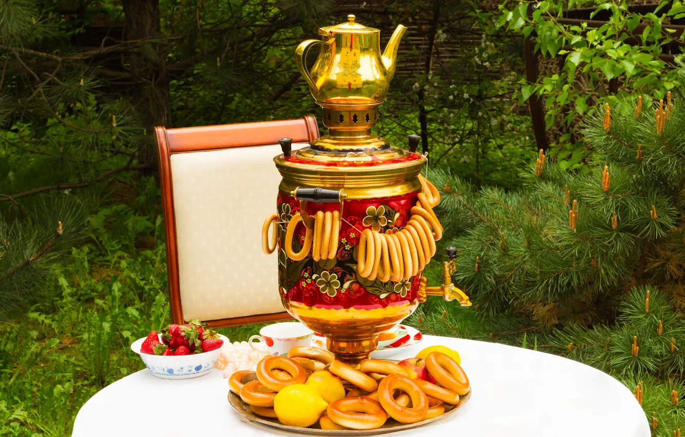 Photo wallpaper summer, nature, table, lemon, tea, kettle, strawberry, chair