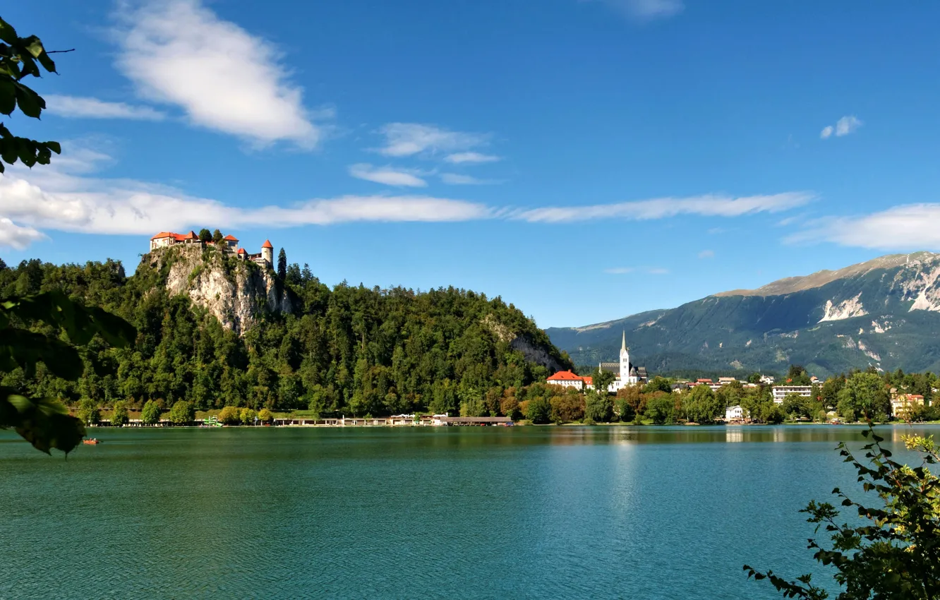 Photo wallpaper forest, the sky, clouds, trees, mountains, lake, rocks, shore
