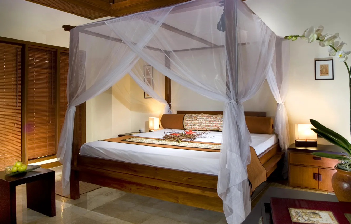 Photo wallpaper flowers, bed, bedroom, tent, wardrobe, alcove