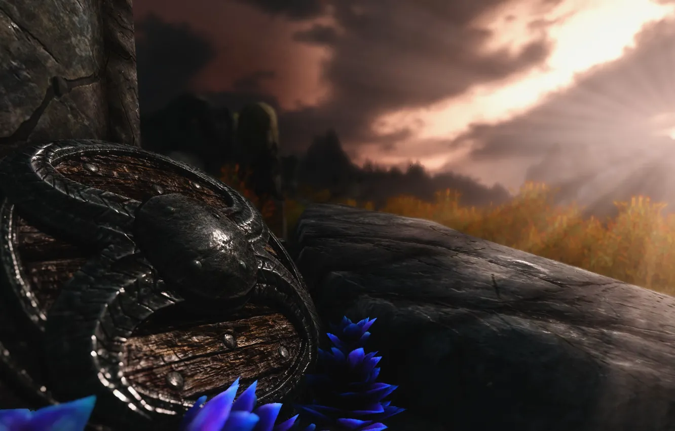 Photo wallpaper the sky, grass, stones, shield, The Elder Scrolls Skyrim