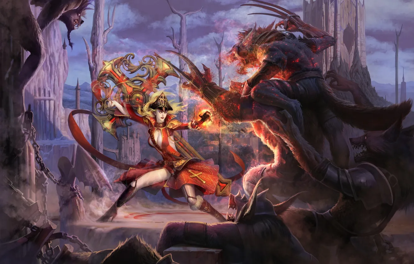 Photo wallpaper girl, castle, wolf, cross, battle, forsaken world