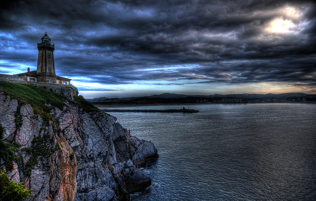 Photo wallpaper sea, clouds, sunset, rock, coast, lighthouse, the evening, Spain