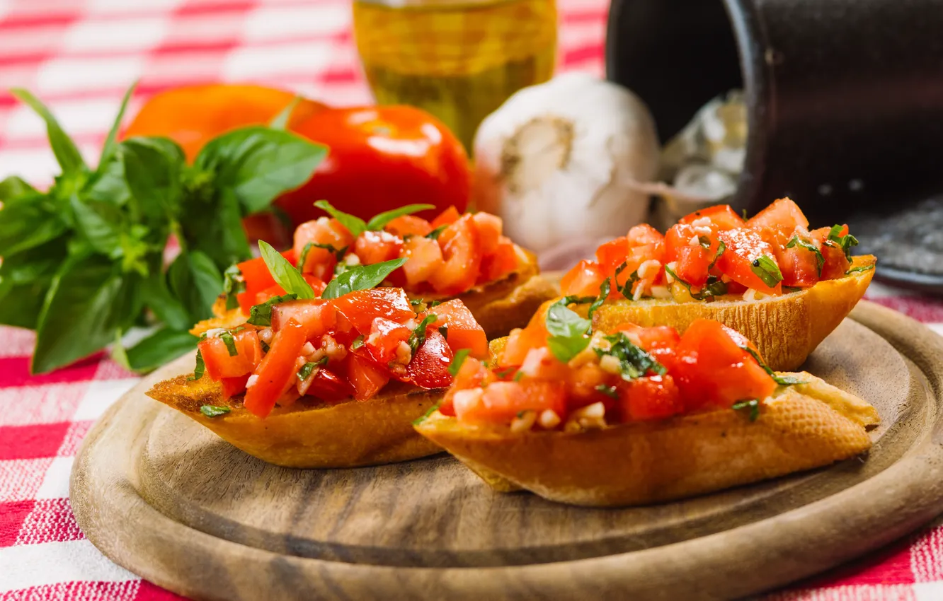 Photo wallpaper food, bread, tomatoes, garlic, sandwiches, appetizer, Basil, bruschetta