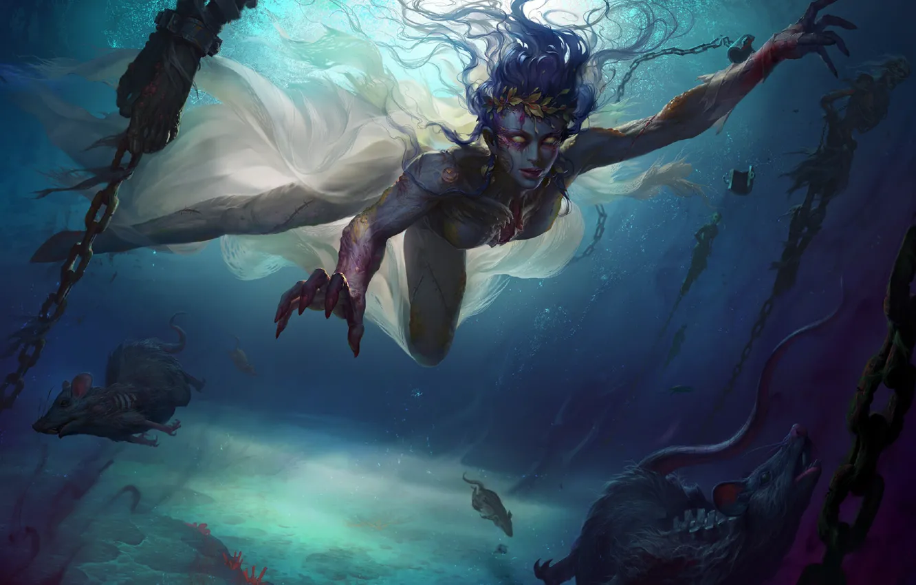 Photo wallpaper look, water, girl, fantasy, art, chain, rat, dark fantasy
