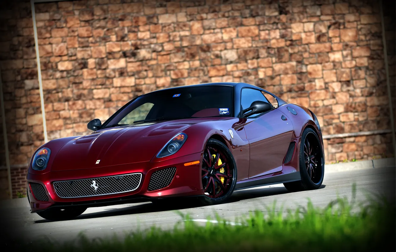 Photo wallpaper grass, wall, red, wall, ferrari, Ferrari, front view, 599 GTO