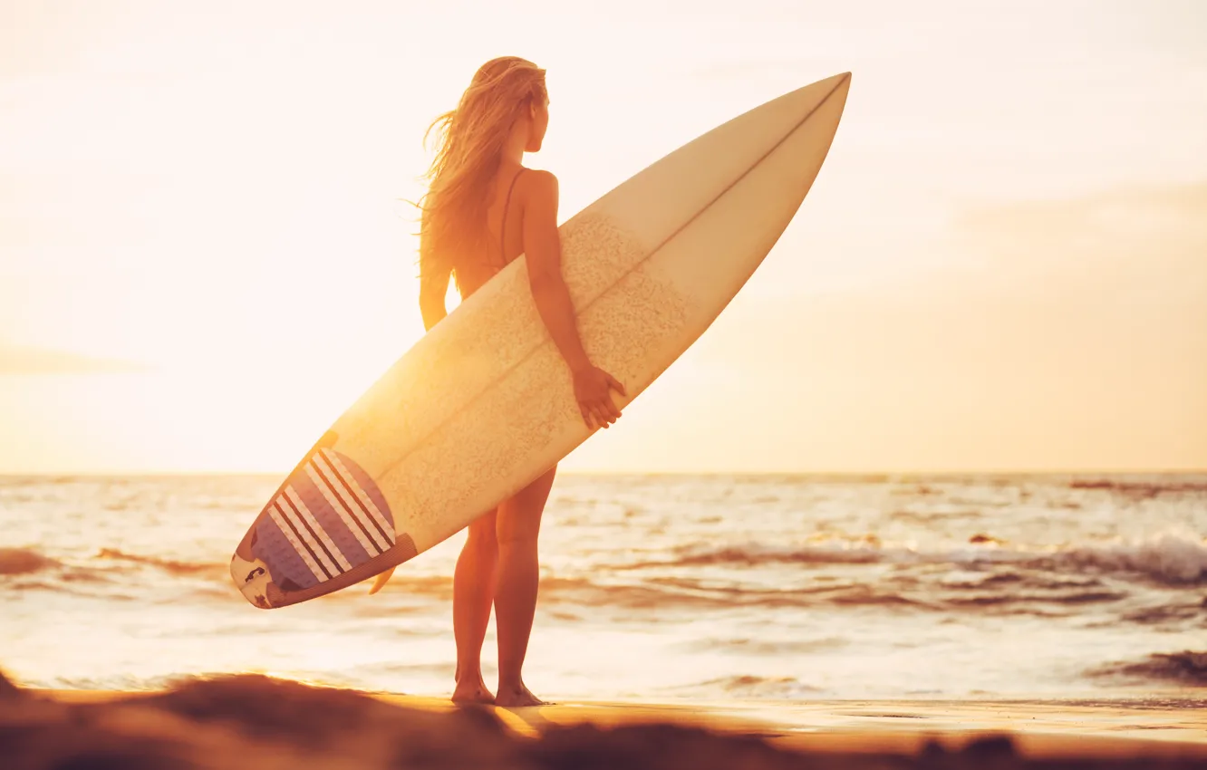 Photo wallpaper Girl, Beach, Sunset, Surfing, Surfboard