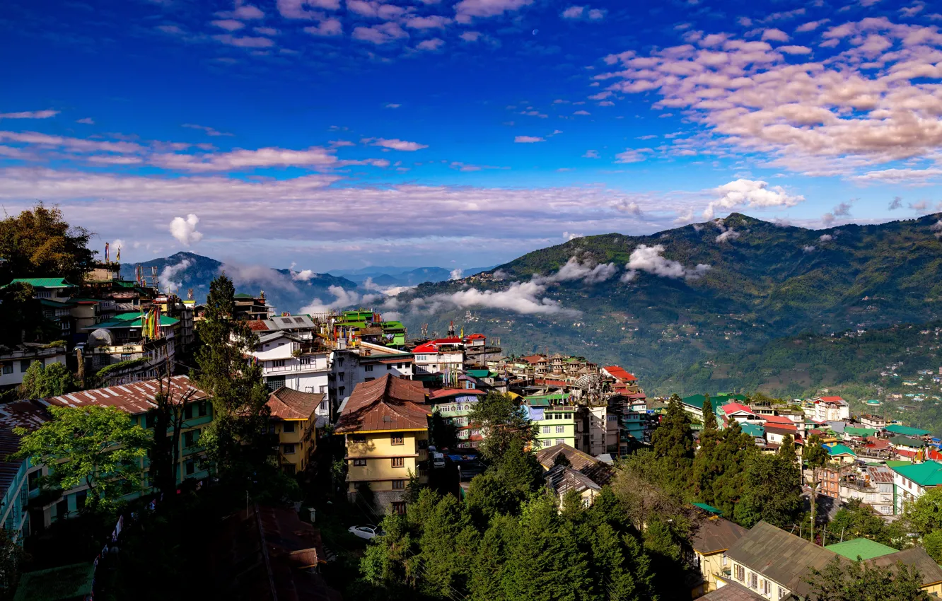 Photo wallpaper clouds, mountains, India, houses, Gangtok