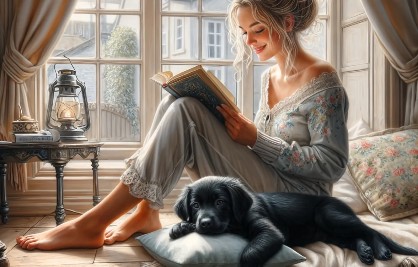 Photo wallpaper look, girl, the city, smile, comfort, room, black, home