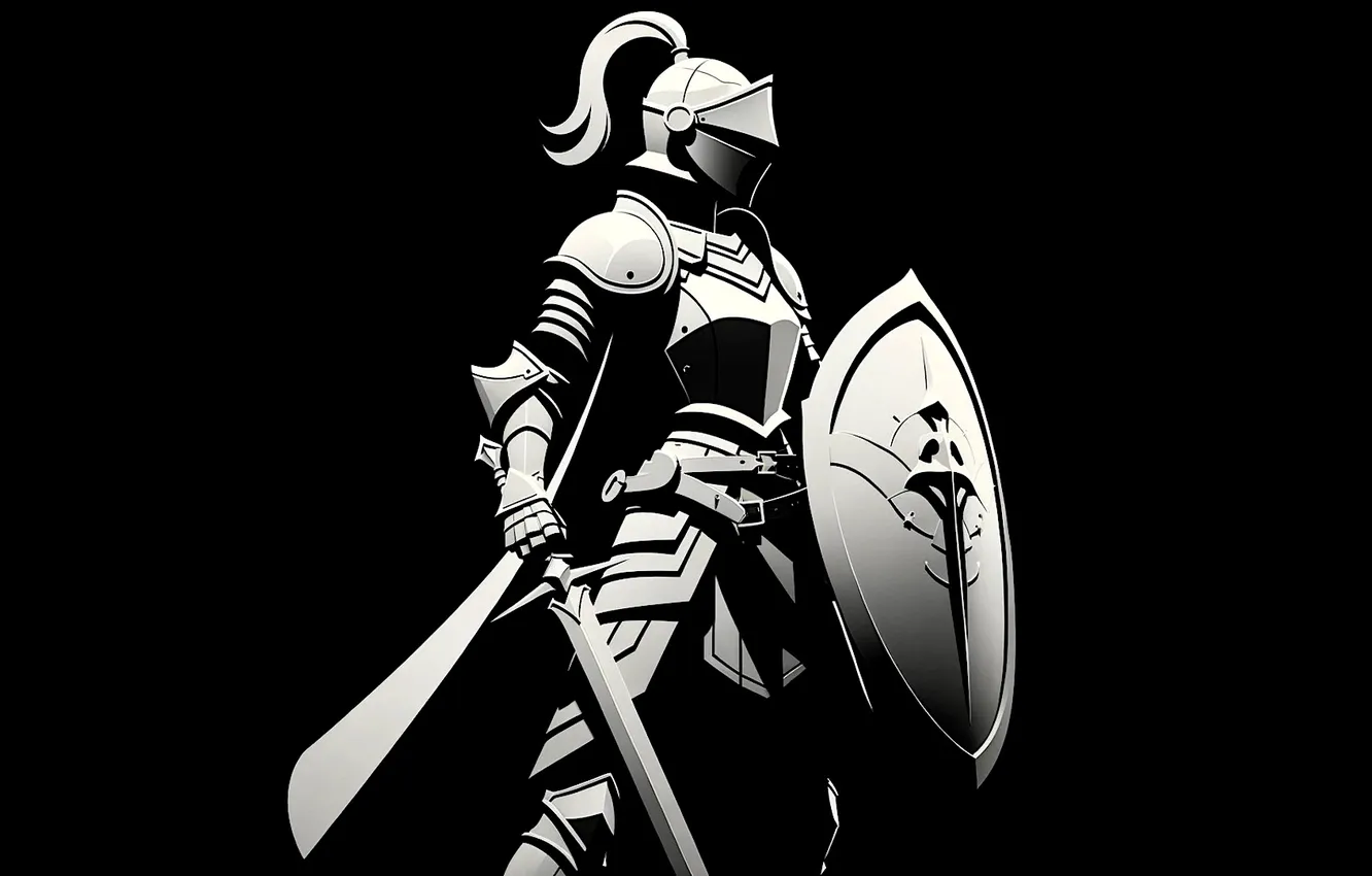Photo wallpaper sword, fantasy, armor, minimalism, digital art, artwork, shield, black background