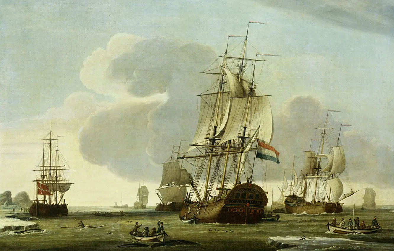 Photo wallpaper oil, 1772, [olst, on whaling, Jochem de Vries, The ship 'Zaandam' of the company 'Claes …
