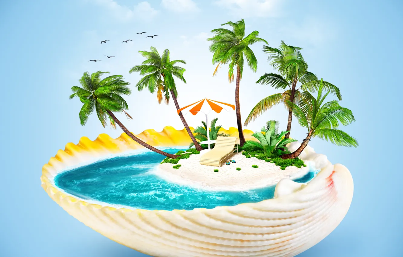 Photo wallpaper sea, palm trees, creative, umbrella, sink, chaise, island