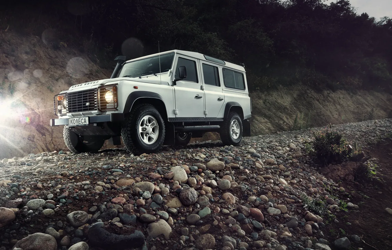Photo wallpaper Light, Land Rover, Front, 4x4, Defender, SUV, Jeep, Wheels