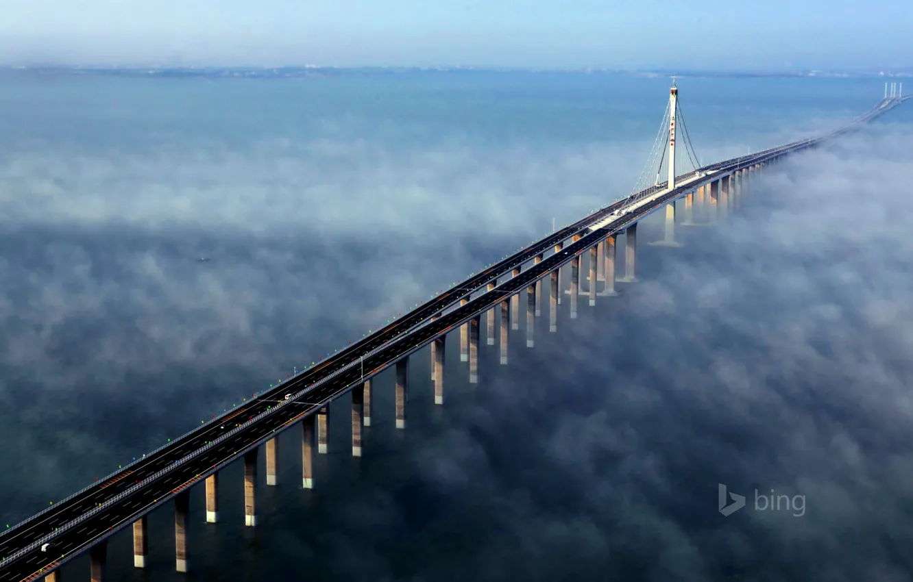 Photo wallpaper sea, the sky, bridge, fog, support, China