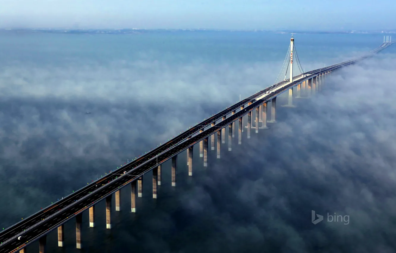Photo wallpaper sea, the sky, bridge, fog, China, support