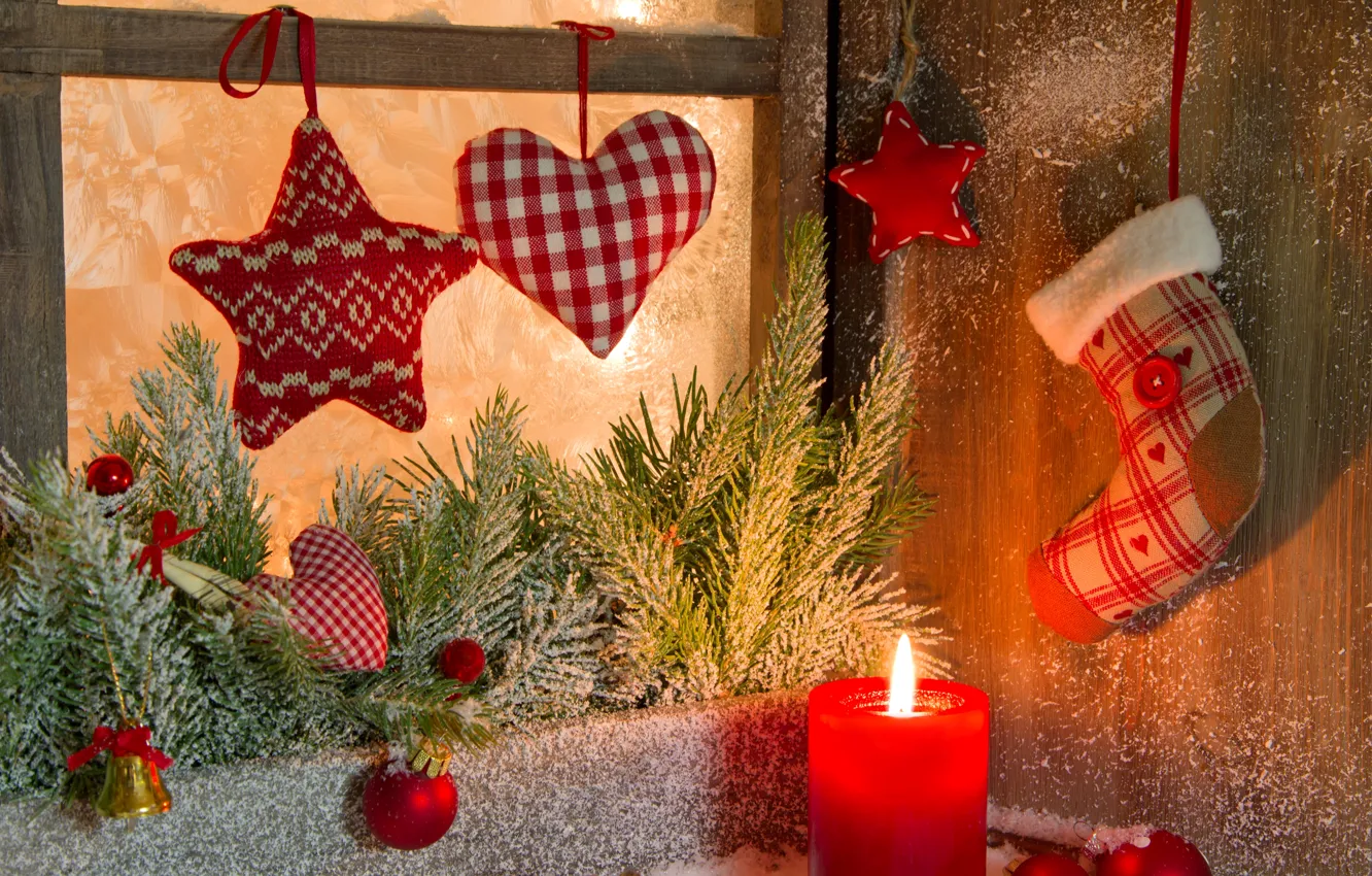 Photo wallpaper winter, stars, balls, snow, branches, holiday, toy, heart