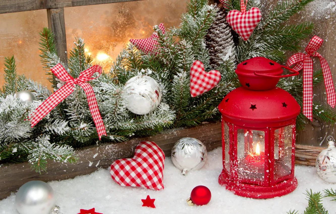 Photo wallpaper winter, snow, holiday, heart, star, candles, Christmas, lantern