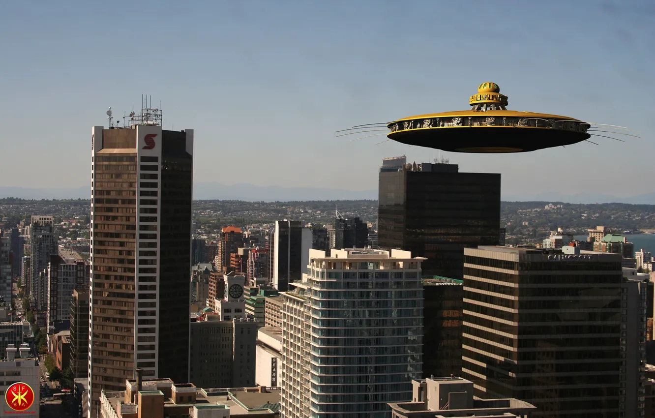Photo wallpaper the city, building, camera, Saucer, flying saucer over city
