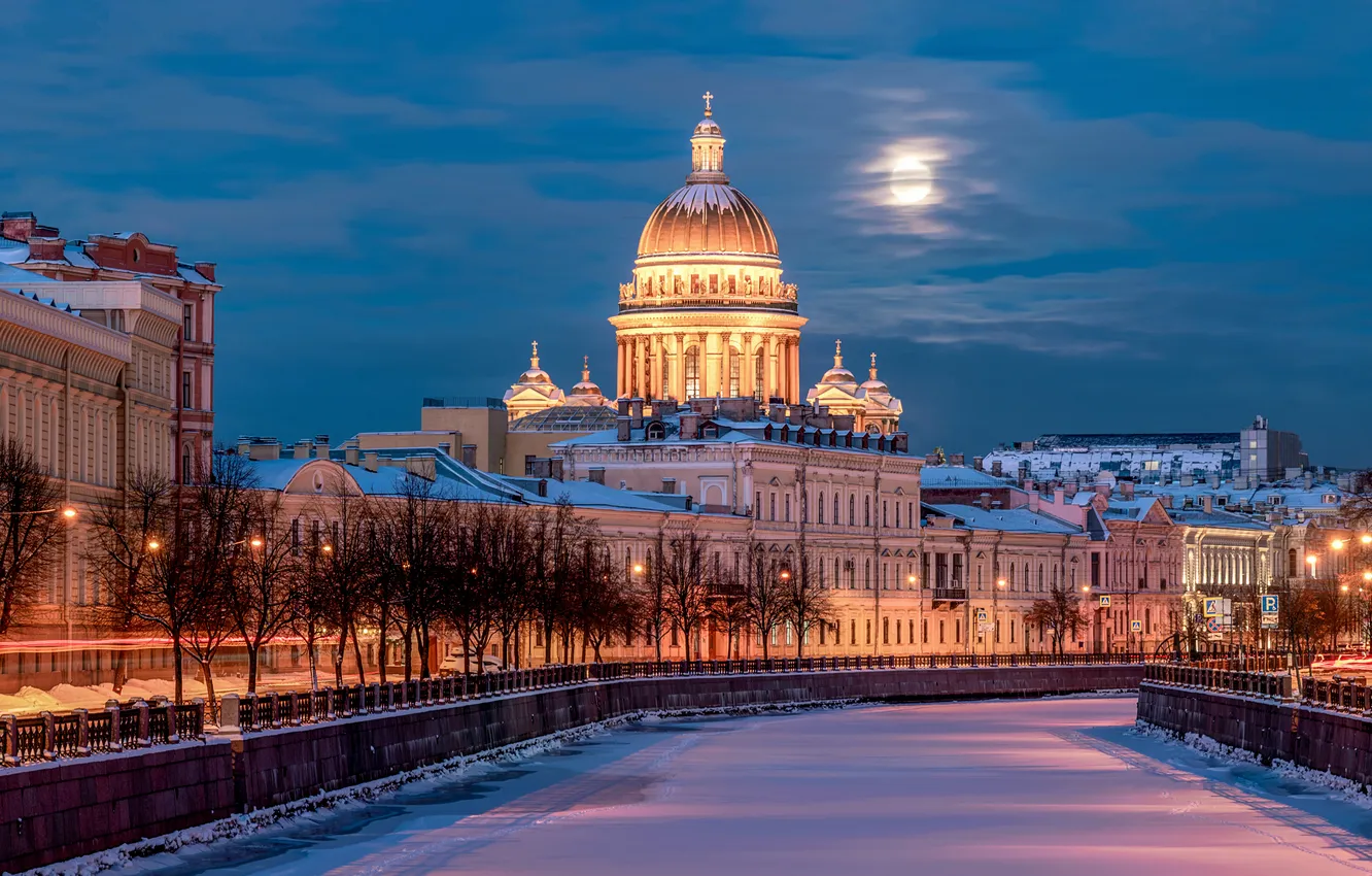 Photo wallpaper winter, snow, trees, river, building, home, Saint Petersburg, St. Isaac's Cathedral