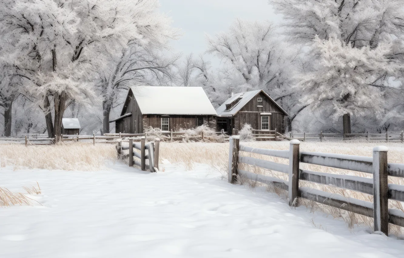 Photo wallpaper winter, snow, village, house, house, hut, winter, snow