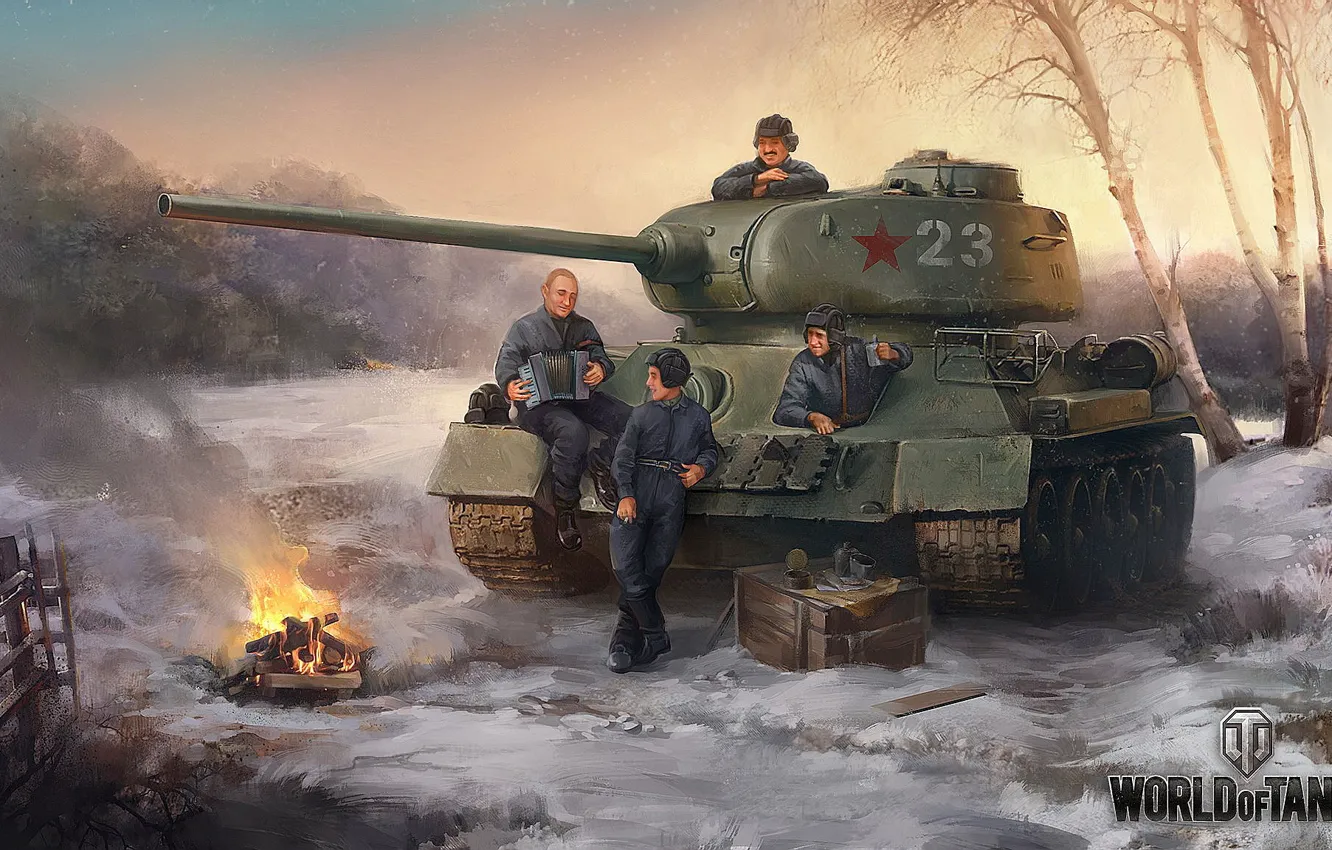 Photo wallpaper Putin, tank, men, World of Tanks, T-34-85, halt, Lukashenko, rest before the fight