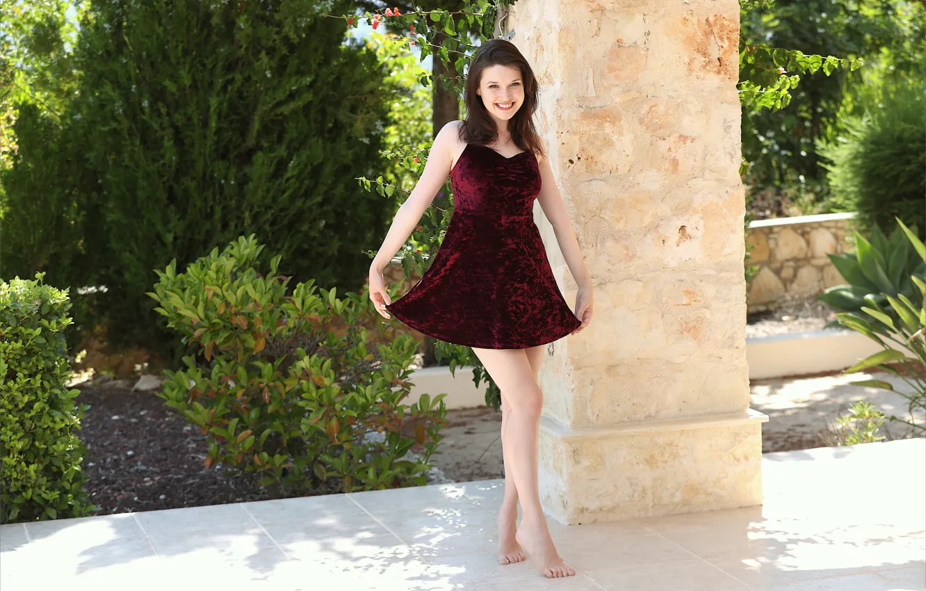 Photo wallpaper hot girl, brown hair, model, garden, sexy woman, posing, red dress, Amelia