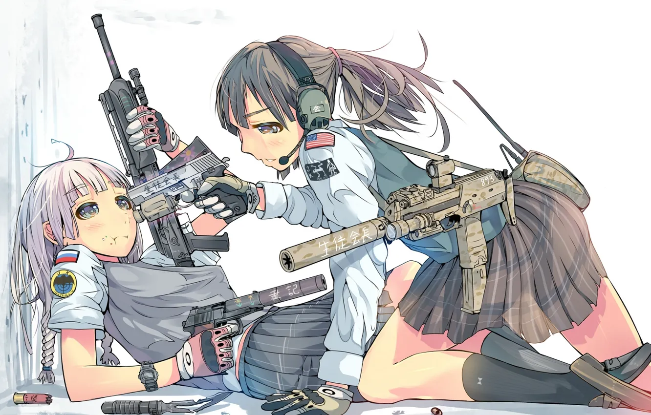 Photo wallpaper girl, gun, weapons, anime, headphones, art, microphone, flags