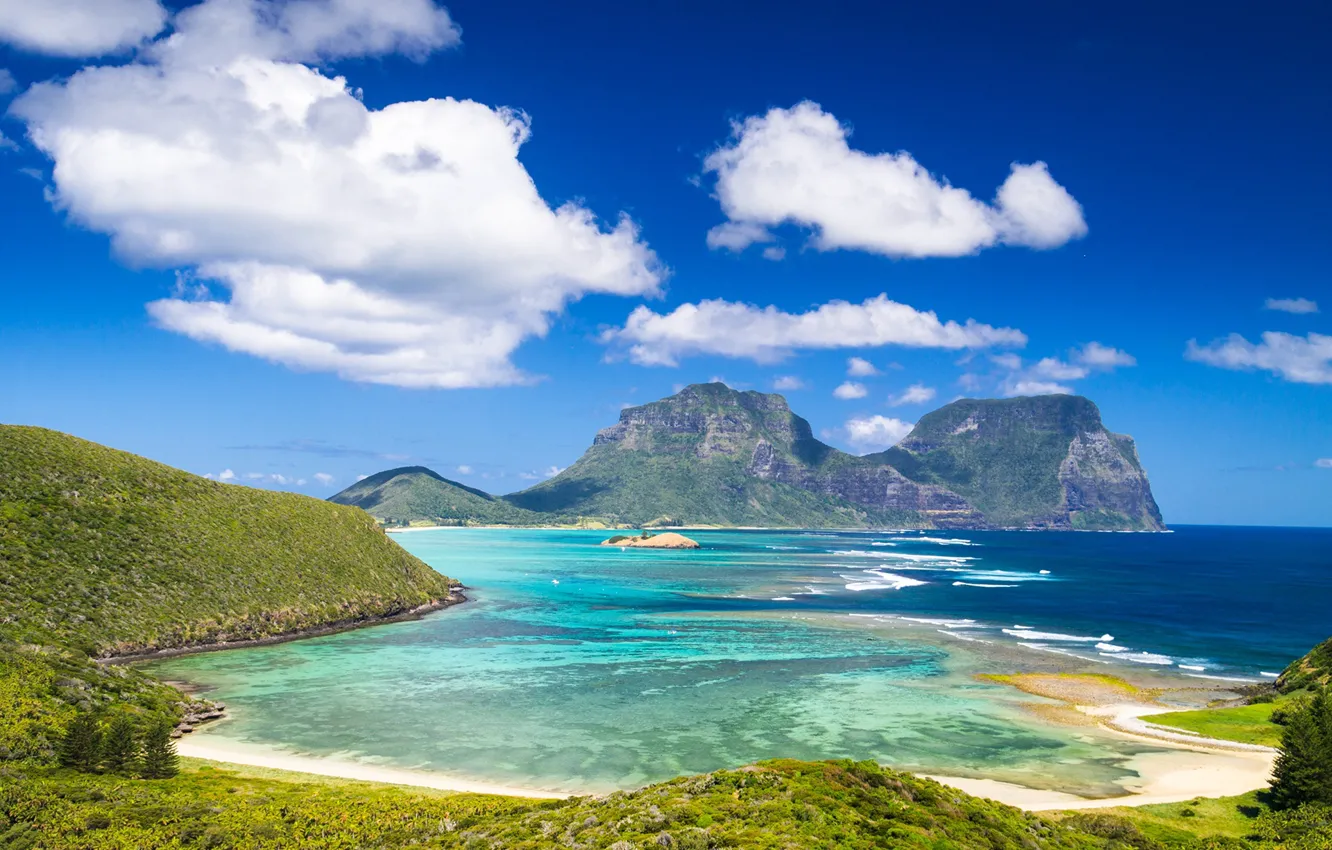 Photo wallpaper sea, greens, the sky, the sun, clouds, mountains, coast, island