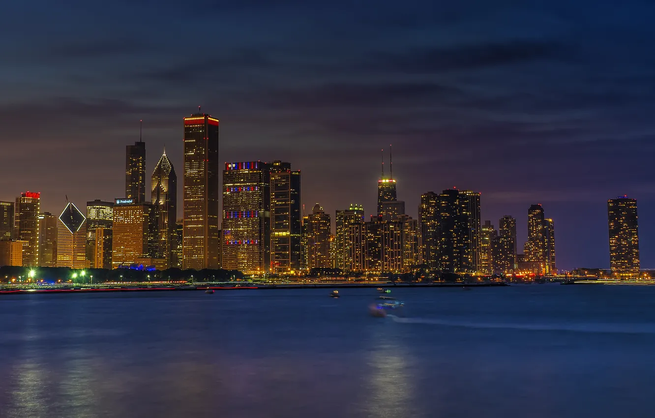 Photo wallpaper night, the city, lights, skyscrapers, boat, Chicago, lake Michigan, panorama