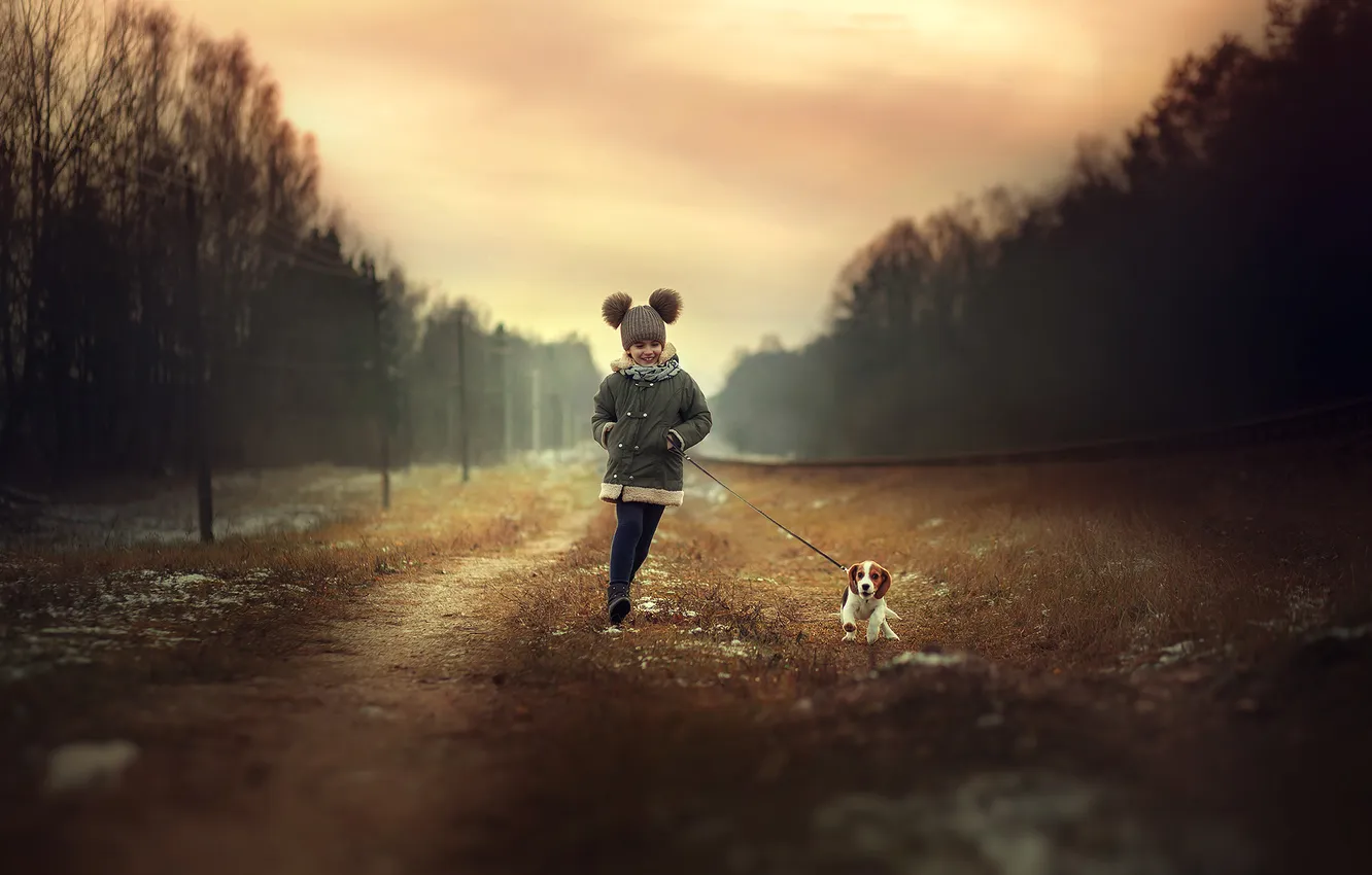 Photo wallpaper dog, girl, walk
