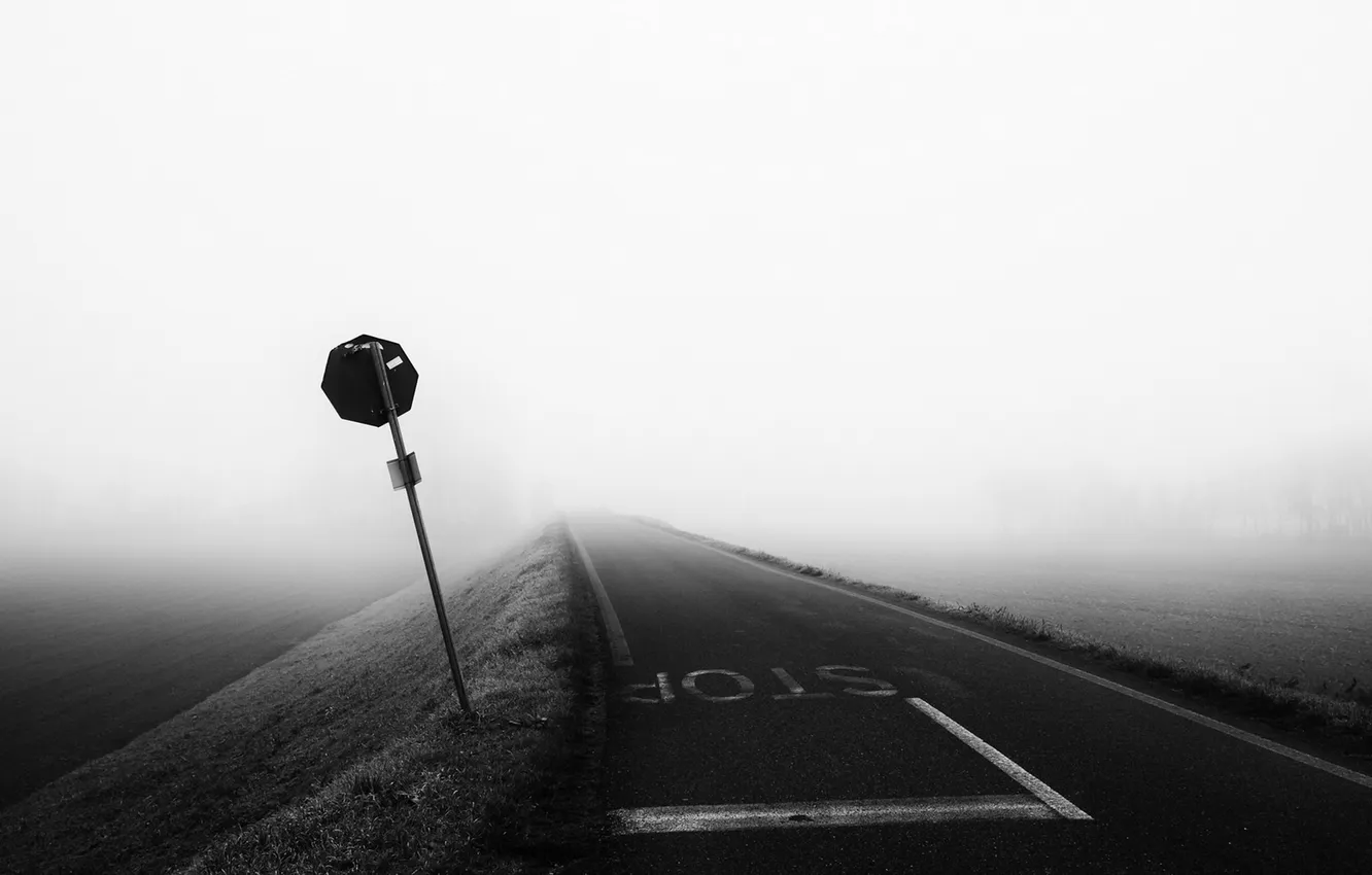 Photo wallpaper road, fog, sign