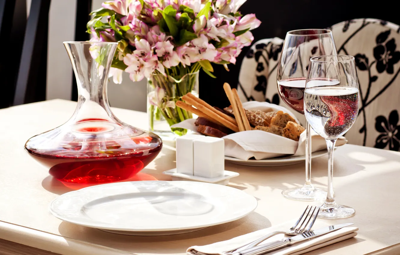 Photo wallpaper water, flowers, table, wine, glass, food, plate, bread